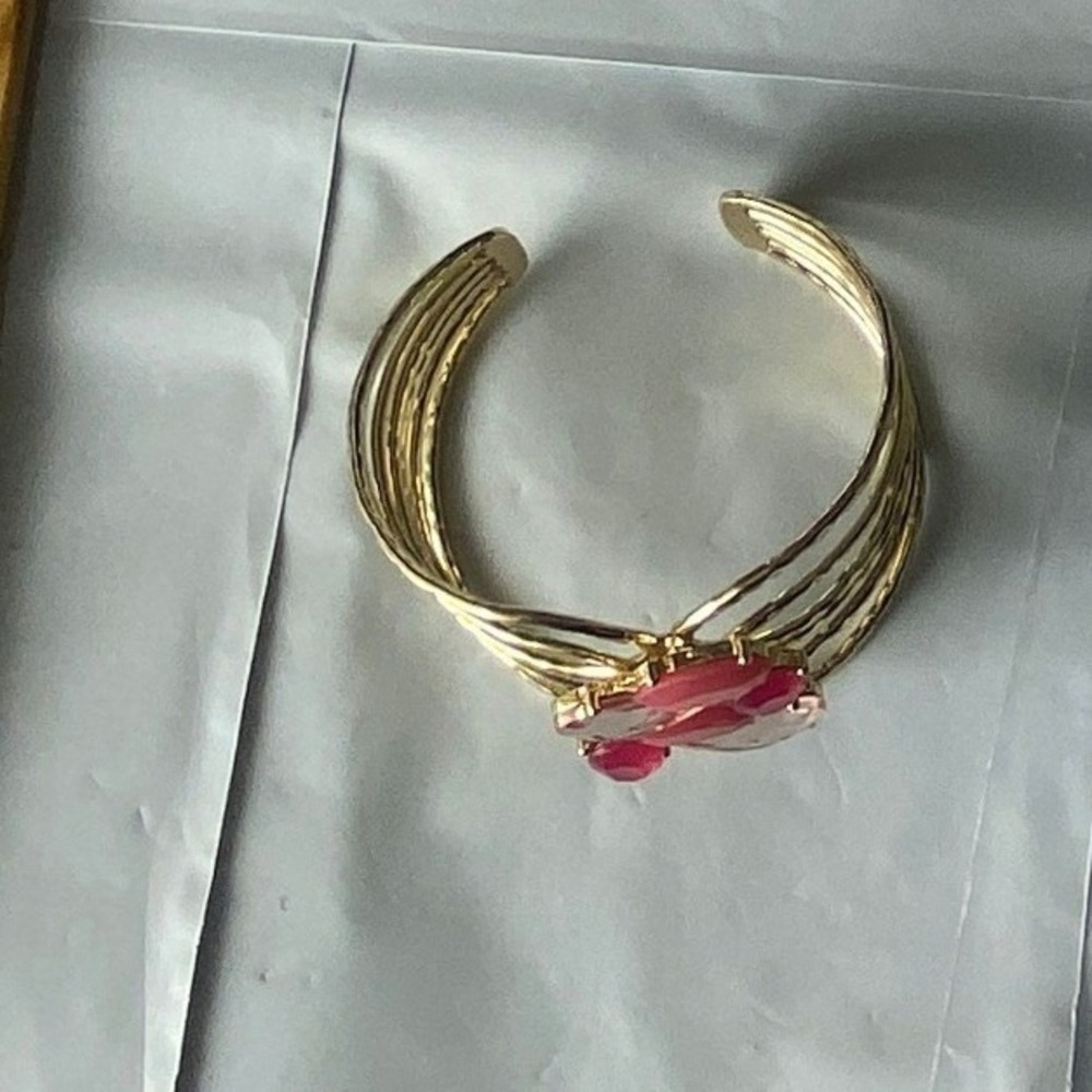Gold Tone Cuff Bracelet Red Gemstone Statement Bangle